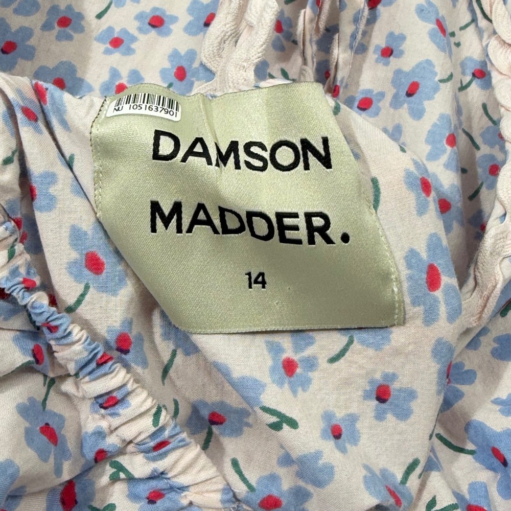 Damson Madder Greta Ditsy Floral Midi Dress UK 14 Pink Blue Puff Sleeve Pockets - Picture 8 of 13
